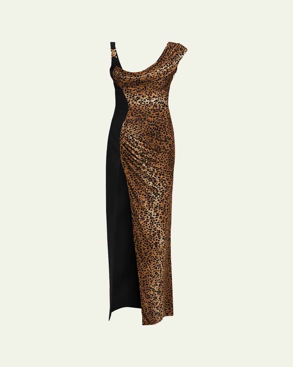 Leopard-Print Draped Liquid Jersey Slit Gown
